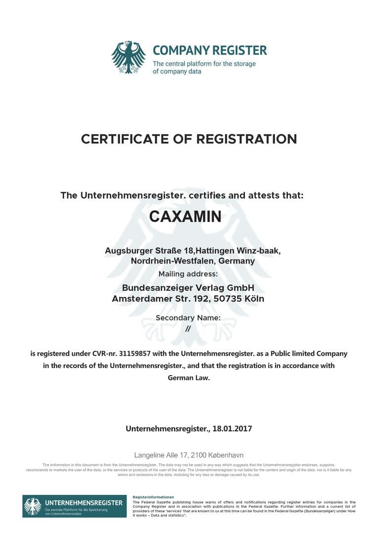 Zertifikat von Caxamin